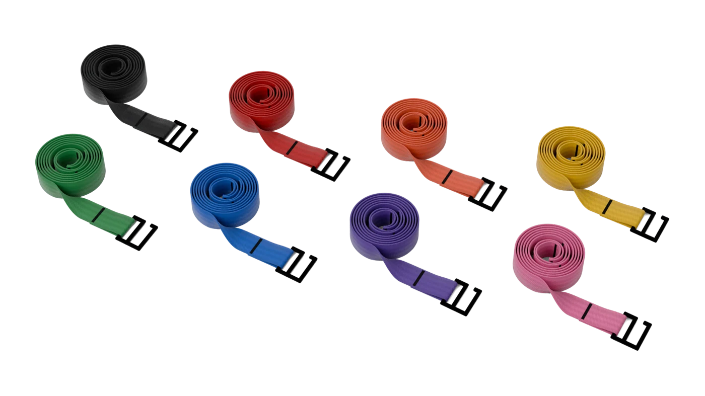 The belt in all eight colors: blue, black, red, yellow, green, orange, purple and pink