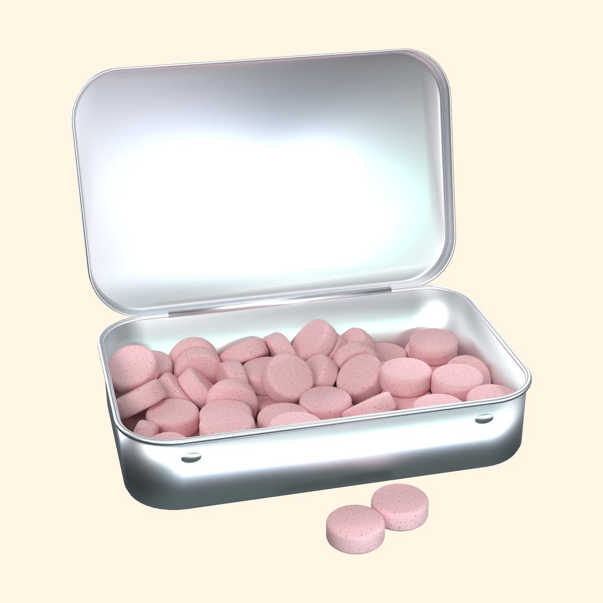 An open tin of strawberry caffeinated mints