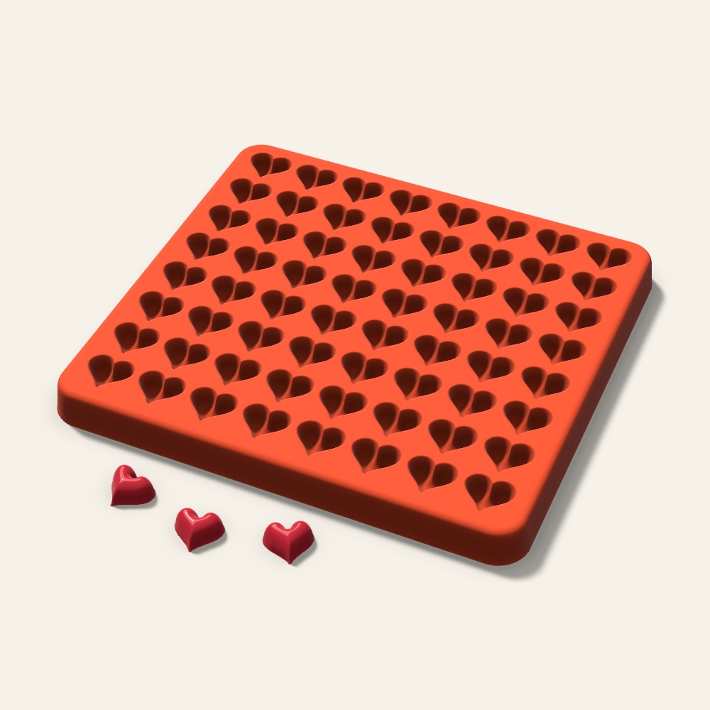 Puffy Heart Gummy Mold, 0.5 Inch, 64 Cavity, 3D render