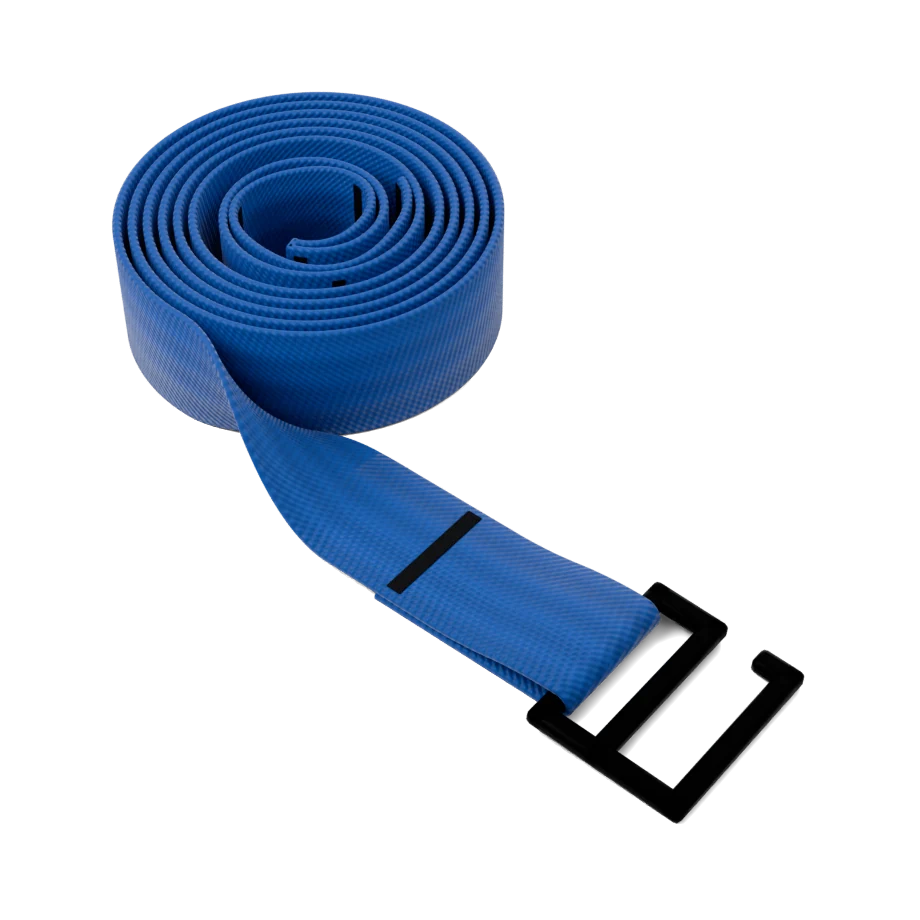 The Cut-to-Fit Belt rolled up, with its metal hook